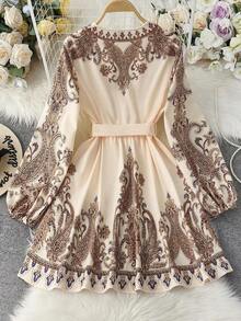 Vestido de línea A con botones y estampado, vestido romántico para citas, vacaciones, playa, verano, primavera, fiestas, atuendo de invitada - Champán - Ver 2