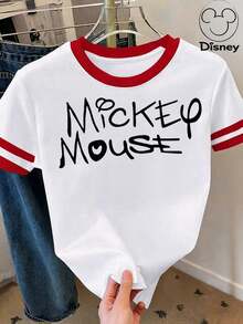 [Disney Official Authorization] Women's Casual Short Sleeve Round Neck Graphic Tee Top, Stylish Knitted Fabric T-Shirt With Print For Everyday Wear Disney Land .T-Shirts Featuring A Hand-Drawn "MICKEY MOUSE" Font And Incorporating Mickey Mouse's Iconic Elements.Cartoon Loose Fit Versatile Couple And Family Matching Round Neck Short Sleeve T-Shirt Top - trắng - Xem 1