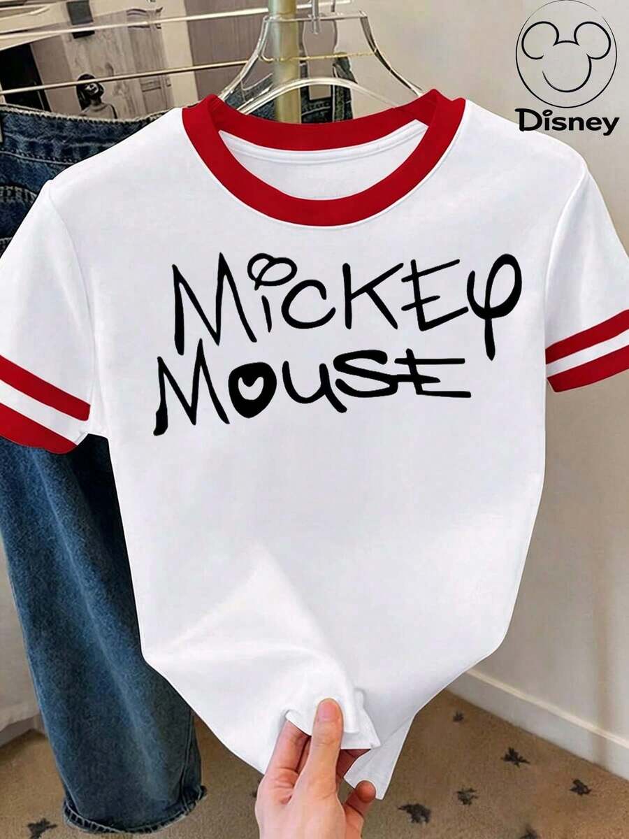 [Disney Official Authorization] Women's Casual Short Sleeve Round Neck Graphic Tee Top, Stylish Knitted Fabric T-Shirt With Print For Everyday Wear Disney Land .T-Shirts Featuring A Hand-Drawn "MICKEY MOUSE" Font And Incorporating Mickey Mouse's Iconic Elements.Cartoon Loose Fit Versatile Couple And Family Matching Round Neck Short Sleeve T-Shirt Top - trắng - Xem 1