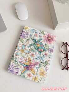 Sea Turtle & Floral Pattern Tablet Protective Case Suitable For IPad Air 8 (M4) 2026 (11 Inch) / 2026 (13 Inch), 9.7/10.2/10.5/10.9/12.9/Pro 11/A16, 10th Gen, Kindle Paperwhite 12th Gen 2024, Kindle (11th Gen-2024 Release), Soft Shock-Proof, Smart Sleep/Wake Function, Y-Fold Multi-Angle Tablet Case - Multicolor - View 4