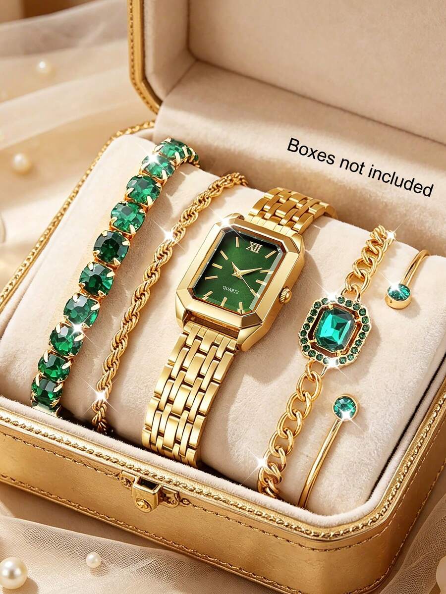 5件/組，女款手錶，時尚奢華商務金鋼帶手錶，合金手鍊組，日常佩戴，手錶手鍊組，女孩禮物 - 金色 - 查看 1