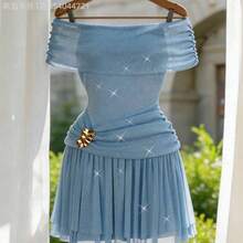 MewMuse.  Vestido elegante de mujer con hombros descubiertos, vestido de volantes, decoración con hebilla metálica en la cintura, tela brillante, forrado, adecuado para primavera/verano, uso diario, invierno, fiesta, playa, cita, graduación, vacaciones, festival de música - Azul - Ver 9