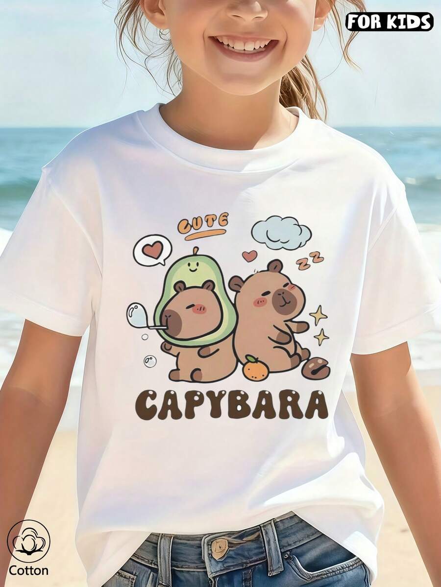 Tween Girl Cute Capybara Print Short Sleeve T-Shirt, Comfortable Round Neck Design, Soft Cotton Loose Fit, Custom Made, 100% Cotton, Suitable For Summer, Winter, Festivals, Eid, June Festival, Party, Wedding, Beach, Graduation, Outdoor - White - View 1