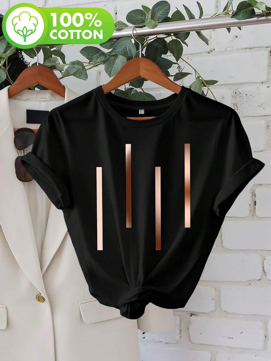 Plus Size, Gradient Color Bars, Women's Plus Size Printed Round Neck Short Sleeve Casual Blouse - 黑色 - 查看 1