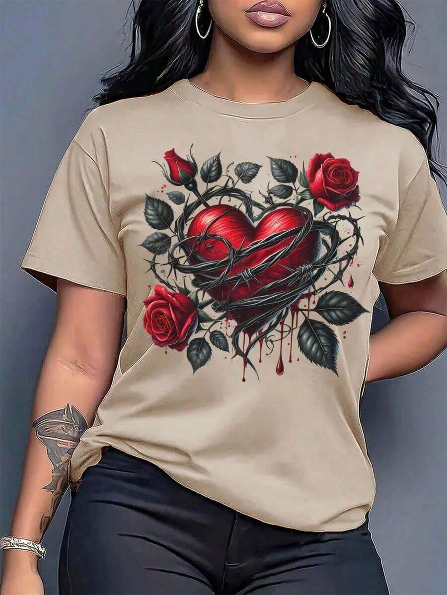 Women's Gothic Style T-Shirt With Roses - Basic Short Sleeve T-Shirt With Heart-Shaped Rose Print In Black And Red, Ideal For Everyday Wear Or Halloween Costume, Gift For Women, Machine Washable, Medium Stretch Fabric, Youthful Style, Suitable For All Seasons. A Beautiful And Fun T-Shirt For Women - A Must-Have Gift, 100% Cotton. - 寶藍色 - 查看 1