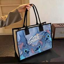 Miniso Túi tote vải canvas Disney Stitch in nhiều nhân vật dễ thương trên nền vân đá xanh, viền hồng, dung tích lớn, túi mua sắm tái sử dụng đa năng cho đi làm, đi học và du lịch - màu đen - Xem 6