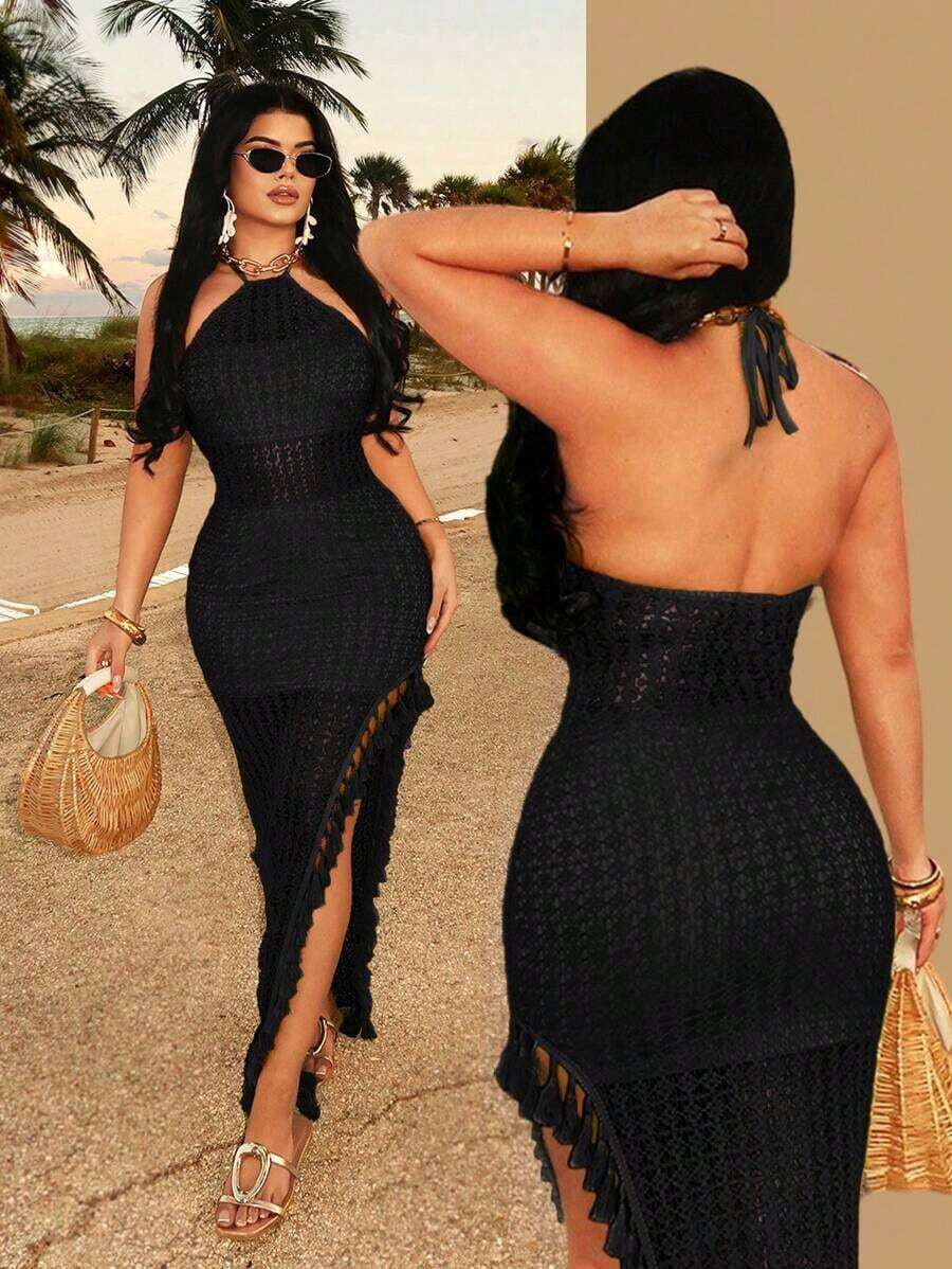 xheSHEIN  Vestido con patrón ondulado de ganchillo colorido y estilo bohemio sexy, con abertura alta, escote halter y espalda descubierta con flecos. Adecuado para salidas casuales, citas, cumpleaños, fiestas, discotecas, resorts isleños y vacacionesxhe