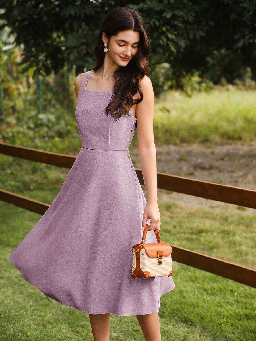 xheVintamour Vestido de mujer elegante y vintage con bolsillos y botones, vestimenta casual para vacaciones de verano, vestidos románticos de verano, vestidos de playa, ropa de los 90, vestidos elegantes de verano, ropa de primavera, vestidos de primavera, vestidos de verano para vacaciones, vestido de playa, vestidos de sol para mujer, vestido azul, vestido de Pascua, ropa de verano para mujer, vestidos para vacacionesxhe - Rosa - Ver 1