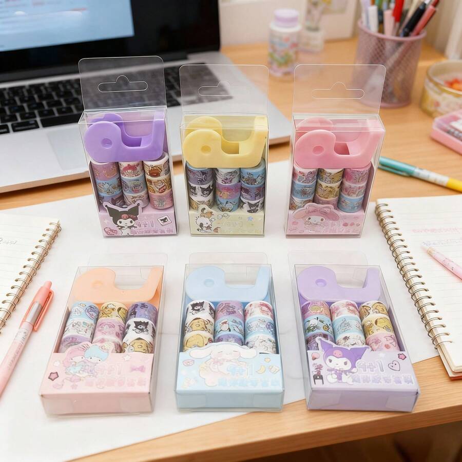 Bộ 9+1 cuộn băng dính Washi mini hình Sanrio dễ thương kèm hộp đựng, nhãn dán sổ tay DIY, băng dính Washi kiểu dáng đáng yêu dành cho học sinh, lý tưởng cho việc làm album ảnh, trang trí thủ công hàng ngày, quà tặng hoàn hảo cho mùa tựu trường, quà sinh nhật, quà tặng tiệc tùng và quà Giáng sinh.
