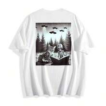 1 Pc Unisex Short-Sleeved T-Shirt In Black And White With Alien And Cat Print, Perfect For Everyday Wear For Science Fiction Enthusiasts. 180g 100% Cotton - 白色 - 查看 7