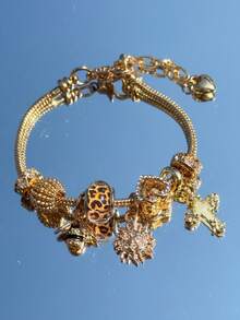 1 pieza Pulsera con colgante de leopardo, pulsera con colgante de cruz luminoso personalizado, pulsera con cuentas de corazón hueco con diamantes, pulsera con colgante de abeja exquisita, pulsera con elemento solar, pulsera con cuentas de agujero grande con diamantes DIY, pulsera personalizable, pulsera para fiesta, pulsera para vacaciones, pulsera para festival de música callejera, pulsera para boda, pulsera de compromiso, pulsera versátil para uso diario - Amarillo Oro - Ver 8