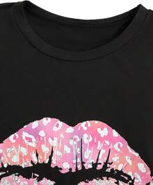 Y2K - Women's T-Shirts With Lip Print, Round Neck, Short Sleeve, Loose Fit And Versatile Shirt - Black Leopard Lips - View 5