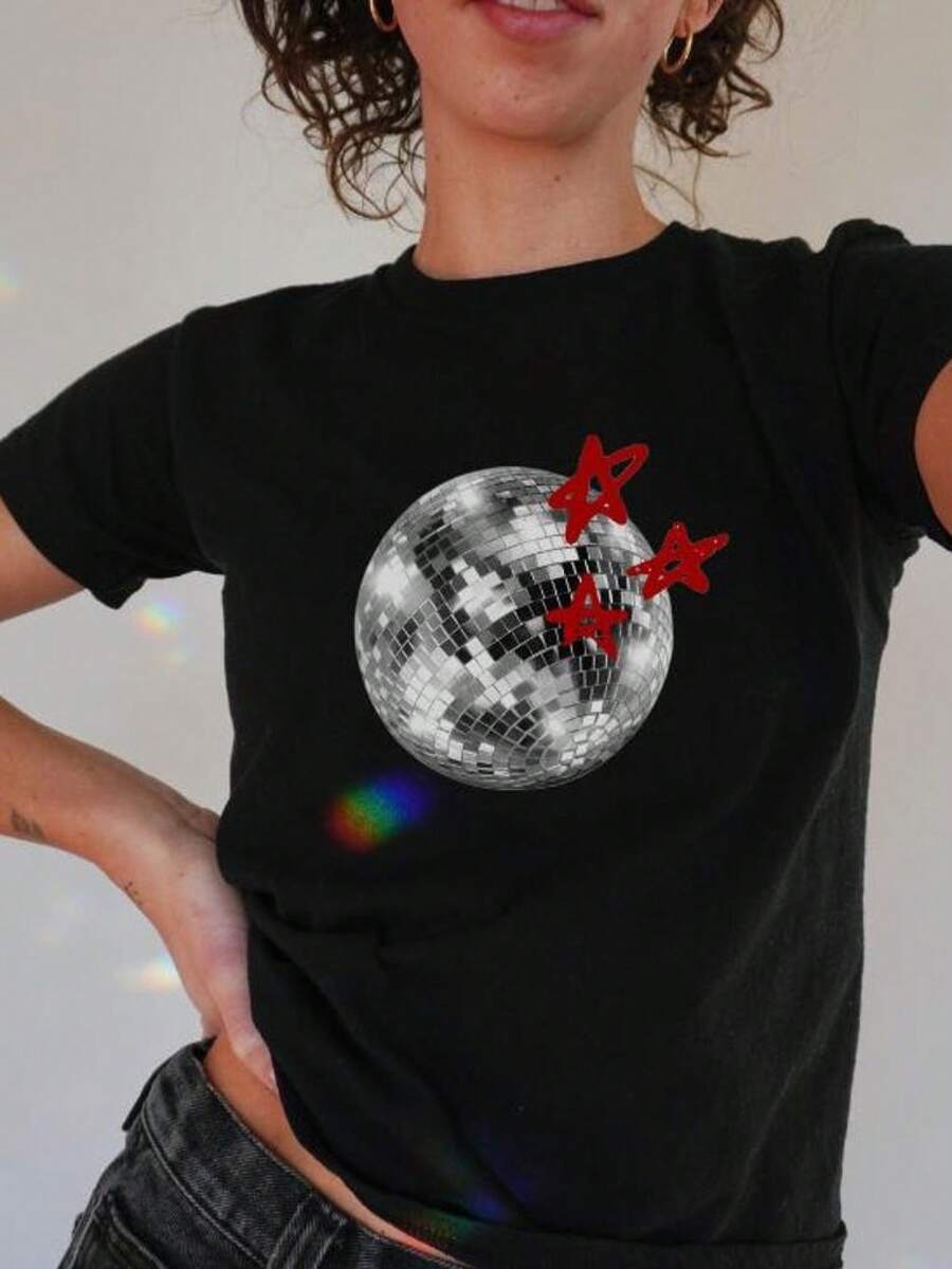 Stjärnklar atmosfär, kortärmad damtröja, smal passform och utsökt design, lämplig för uppträdanden, omtänksam present, moderiktig artikel. Streetwear-kläder T-shirts Dam Sommarblusar Dam Sweatshirts Dam Kortärmade T-shirts Dam Strandkläder  dam - Svart - Visa 1