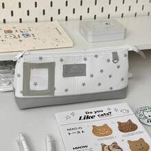 1pc Cute Gray Star Little Cat Pencil Case, Large Capacity Multi-Functional Organizer, Makeup Bag, Lightweight And Portable. Perfect Back-To-School Gift. - Gray Star Kitten - View 7