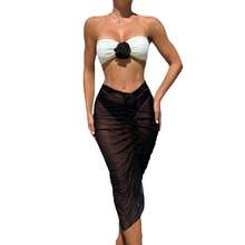 2026 Color-Block Sexy New Rose Flower Three-Piece Mesh Long Skirt Swimsuit Bikini - Black Dress - View 5