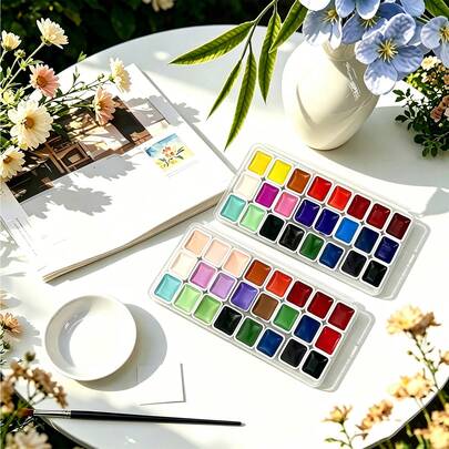 Geeignet für professionelle Kunstanwendungen, 24-Farben-Feststoff-Aquarellfarben und 1 Pinselset, feste chinesische Malfarben, perfekt für Kunst, Thangka, Kalligraphie, Urlaubskarten, DIY-Kritzeleien und Malkunst
