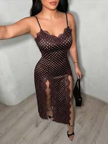 Vestido de fiesta de mujer con tirantes de espagueti, abertura alta y parches de encaje a lunares - Marrón Chocolate - Ver 1