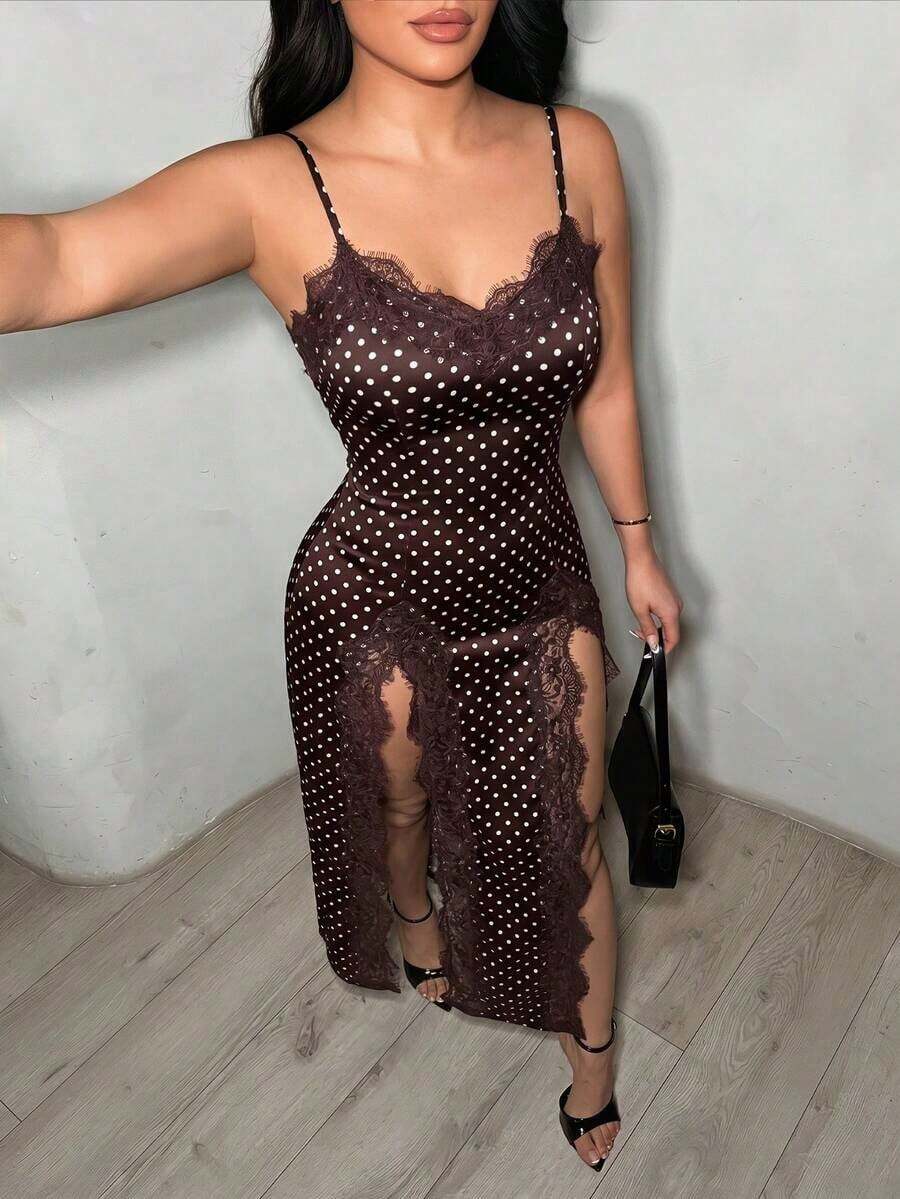Vestido de fiesta de mujer con tirantes de espagueti, abertura alta y parches de encaje a lunares - Marrón Chocolate - Ver 1