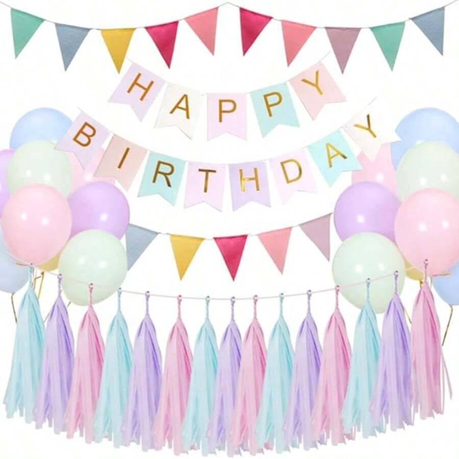 Decoraciones de cumpleaños pastel para niñas mujeres, globos pastel y cumpleaños Bunting, Macarón feliz cumpleaños pancarta y globos de látex, decoraciones de fiesta de cumpleaños para niños en interiores y al aire libre - A - Ver 1
