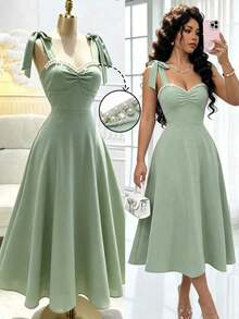 Vestido de tirantes con nudo en el hombro, decoración de perlas falsas y cintura ceñida, estilo vintage elegante, adecuado para verano, San Valentín, citas, vestido formal de alta calidad para mujer, vestidos elegantes clásicos - verde menta - Ver 7