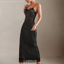 Soqi Women's Clothing  Vestido midi con tirantes con inserción de encaje y abertura en la espalda con rayas verticales - Gris Oscuro - Ver 2
