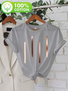 Talla Grande, Barras de Color Degradado, Blusa Casual de Cuello Redondo y Manga Corta Estampada para Mujer Talla Grande - Gris - Ver 1