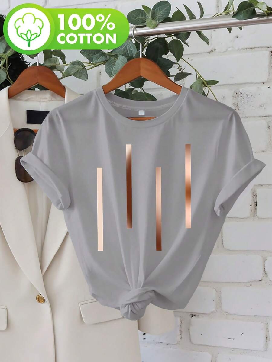 Talla Grande, Barras de Color Degradado, Blusa Casual de Cuello Redondo y Manga Corta Estampada para Mujer Talla Grande - Gris - Ver 1