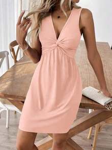 Holidaya Solid Color Textured Casual Sleeveless Mini Summer Dress - Pink - View 2