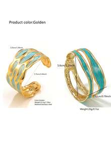 2 piezas Conjunto de brazaletes minimalistas de estilo empresarial con esmalte, onda asimétrica y hueco, pulsera de acero inoxidable adecuada para el atuendo diario de las mujeres, fiesta, ocasión formal, viaje al trabajo, ropa de negocios, regalo para amigos - Amarillo Oro - Ver 14
