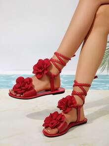 Summer Floral Tie-Up Sandals, Woven Wrap-Around Flat Roman Shoes, Goddess Style Open Toe Beach Shoes For Holiday - Red - View 1
