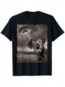 Funny Black Labrador UFO Selfie T-Shirt - 100% Cotton, Casual Short Sleeve 3D Dog Print T-Shirt, Sizes S-XXXL, Machine Washable Crew Neck T-Shirt For Casual Wear And Clothing For Labrador Lovers - 黑色 - 查看 7