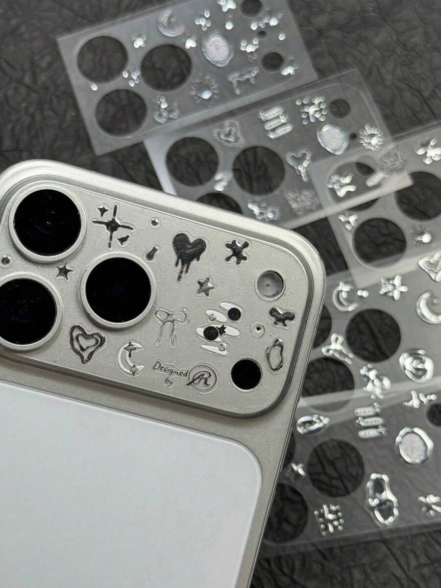 2Pcs/1Pc Y2K Style Laser Engraved Phone Camera Lens Stickers, Gold & Silver, Butterfly Heart Moon Bow Clock Pattern With Star Spark, Flower & Irregular Border Elements, DIY Decor Decals For Smartphones