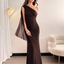. .  Tall Vestido asimétrico de hombro sólido y elegante para mujer, vestidos elegantes para mujer, vestido de graduación, vestido de invitada de boda de otoño, vestido de invitada de boda para mujer - Marrón - Ver 7