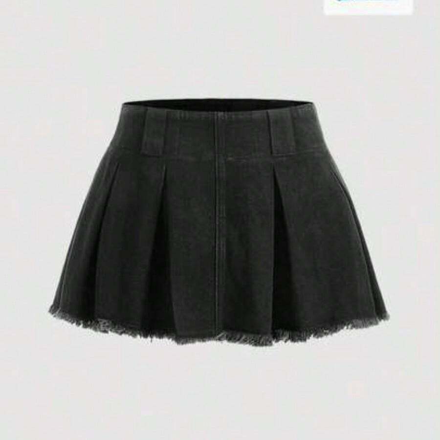 Nana's Women's Clothing Store Minifalda vaquera casual y versátil con pliegues y estampado de cuadros de diamantes para citas y salidas - Negro01 - Ver 1