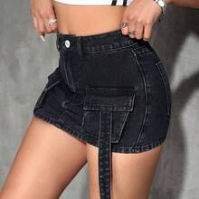 YijiaNvz  PETITE Falda vaquera informal tipo línea A con bolsillos cargo para mujer - Negro01 - Ver 5