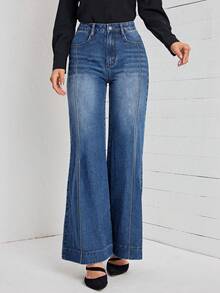 CHILAM Elegant Women's Denim Jeans With Flared Leg, Pocket, Button, Medium Stretch Fabric, Wide Leg Design And Appliqués. - 藍色 - 查看 5
