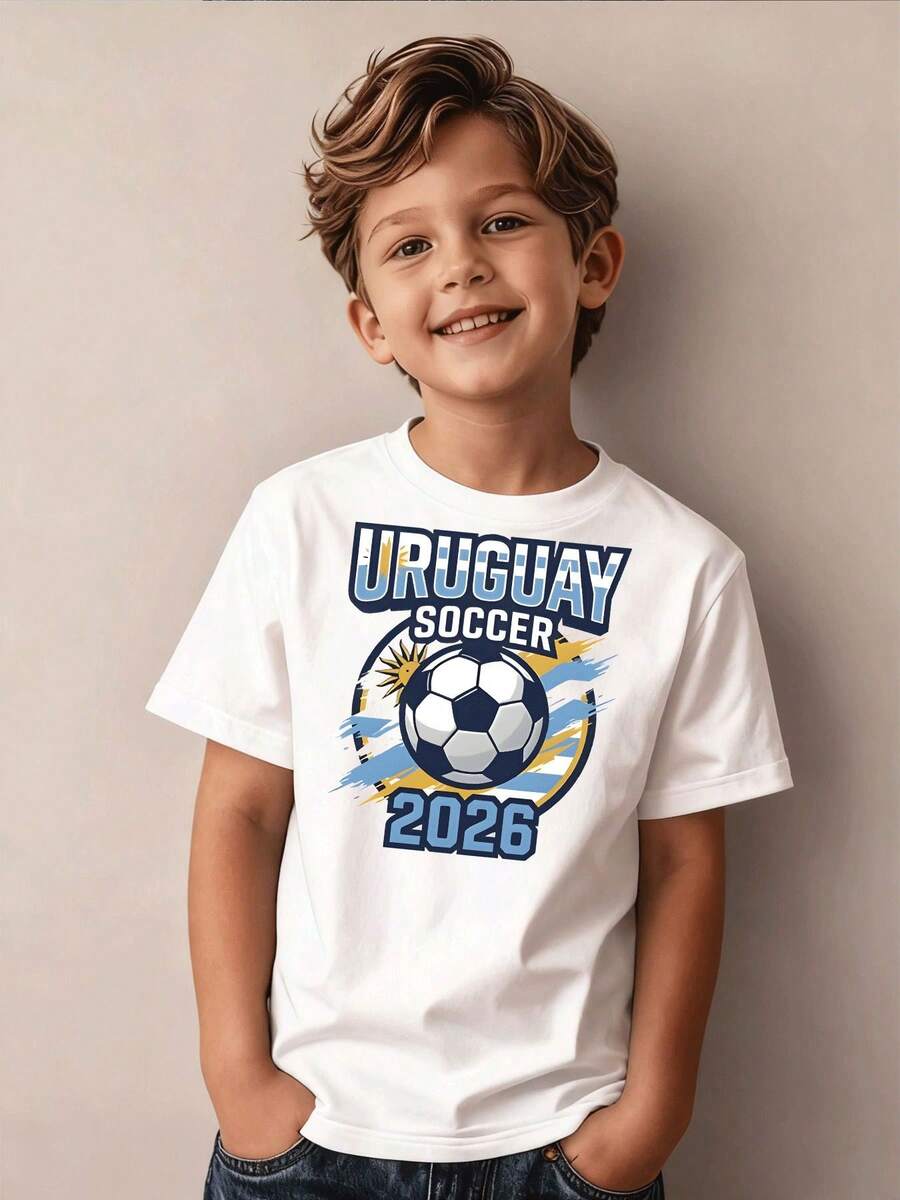 Boys' Casual Sports Uruguay Football 2026 Graphic Print Soccer T-Shirt, Black Short Sleeve Shirt For Children Ages 4-12, Kids' Clothing - 酒紅色 - 查看 1