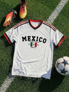 Men's And Women's 2026 World Cup Soccer Jersey, Printed With The Mexican National Flag And Coat Of Arms. It Symbolizes Mexico's Passion And Sporting Pride In The World Cup Tournament. This Loose-Fitting Jersey Is Perfect For Wearing On Independence Day And Also Makes A Great Gift For Soccer Fans. - 白色 - 查看 7