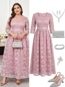 Reflora Vestido de encaje elegante de talla grande para fiesta - Rosa - Ver 11