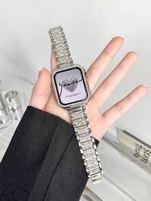 1 dây đeo kim loại đính đá rhinestone và 1 ốp bảo vệ PC đính đá rhinestone cho I-Watch Ultra2/Ultra/SE2/SE/11/10/9/8/7/6/5/4/3/2/1 size 38/40/41/42/44/45/46/49mm - Bạc - Xem 2