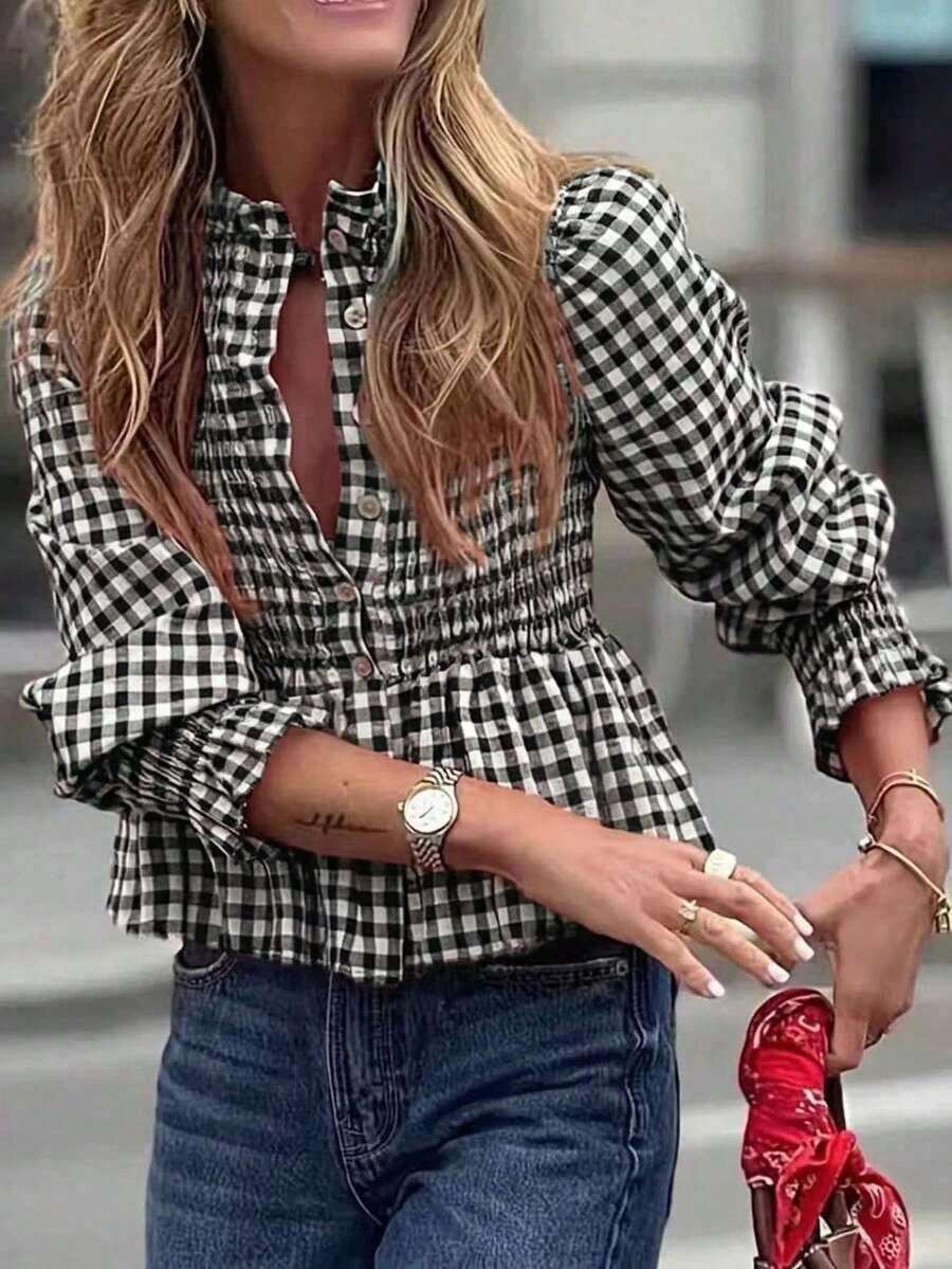 holgada de manga larga con cuello de corbata, estilo coreano chic primavera rojo - Blanco y Negro - Ver 1