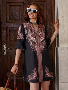 Clasi Vestido elegante con estampado floral y escote calado para mujeres, vestidos de graduación para mujeres, vestido de cintura baja, estilo boho country, ropa de mujer boho - Negro 3 - Ver 3