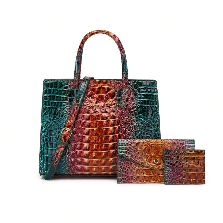 [Gradient Color] 3pcs Colorful PU Vegan Embossed Pattern Print  Bag Set | Fashion,  Elegant Women Tote Bag With Clutch Wallet And Credit Card Holder Coin Purse, Gradient Color Handbag - Nhiều màu - Xem 1