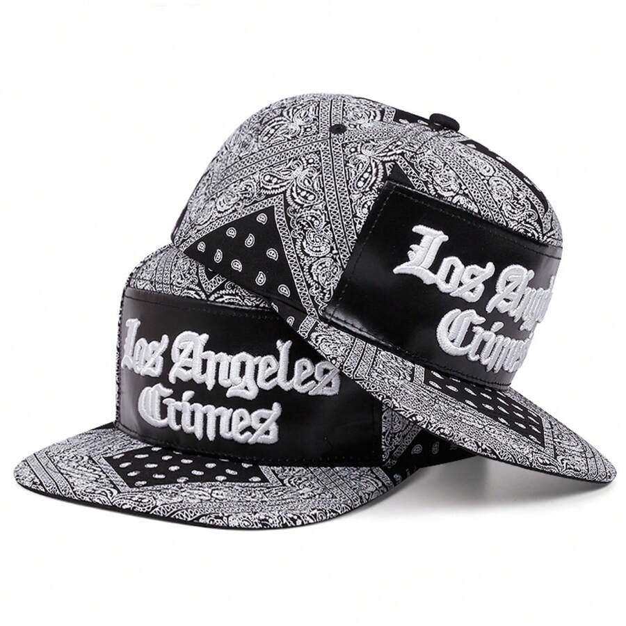 1pc Paisley Pattern "Los Angeles Crime" Embroidered Flat Brim Hip Hop Baseball Cap With Buckle Fastener - A - View 1