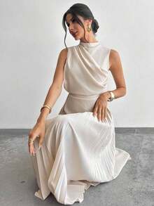 Vestido de línea A con cuello swing, sin mangas y con volantes/Falda paraguas/Ropa de vuelta al colegio/Ropa escolar/Fiesta/Estilo de mujer de dinero antiguo/Atuendos para salir/Atuendo de fiesta para mujer/Atuendos de oficina para mujer/Falda color albaricoque imitación - Celeste - Ver 10