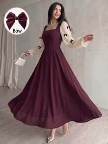 Vestido de mujer con parches tejidos, decoración de lazo y cintura ceñida - Burdeos - Ver 12