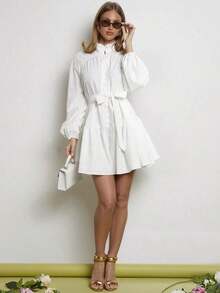Vestido corto de mujer de manga farol de unicolor, vestido de princesa abombado, elegante para ocasiones - Blanco - Ver 8