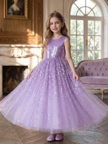 Tween Girl Purple Sequin Luxurious Dress, Fluffy Tulle Birthday/Wedding Party Formal Gown - Purple - View 7