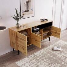 Modern Wooden Sideboard With Three Doors And Shelves, 160 X 35 X 76 Cm, Easy Assembly, Space-Saving Design, Robust And Reliable - Natural Wood - View 6