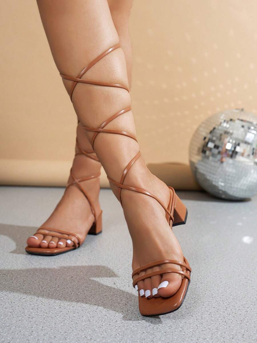 Elegant Black Sandals For Women, Faux Suede Multi-Strap Ankle Strap Flat Heel Sandals - Brown - View 1